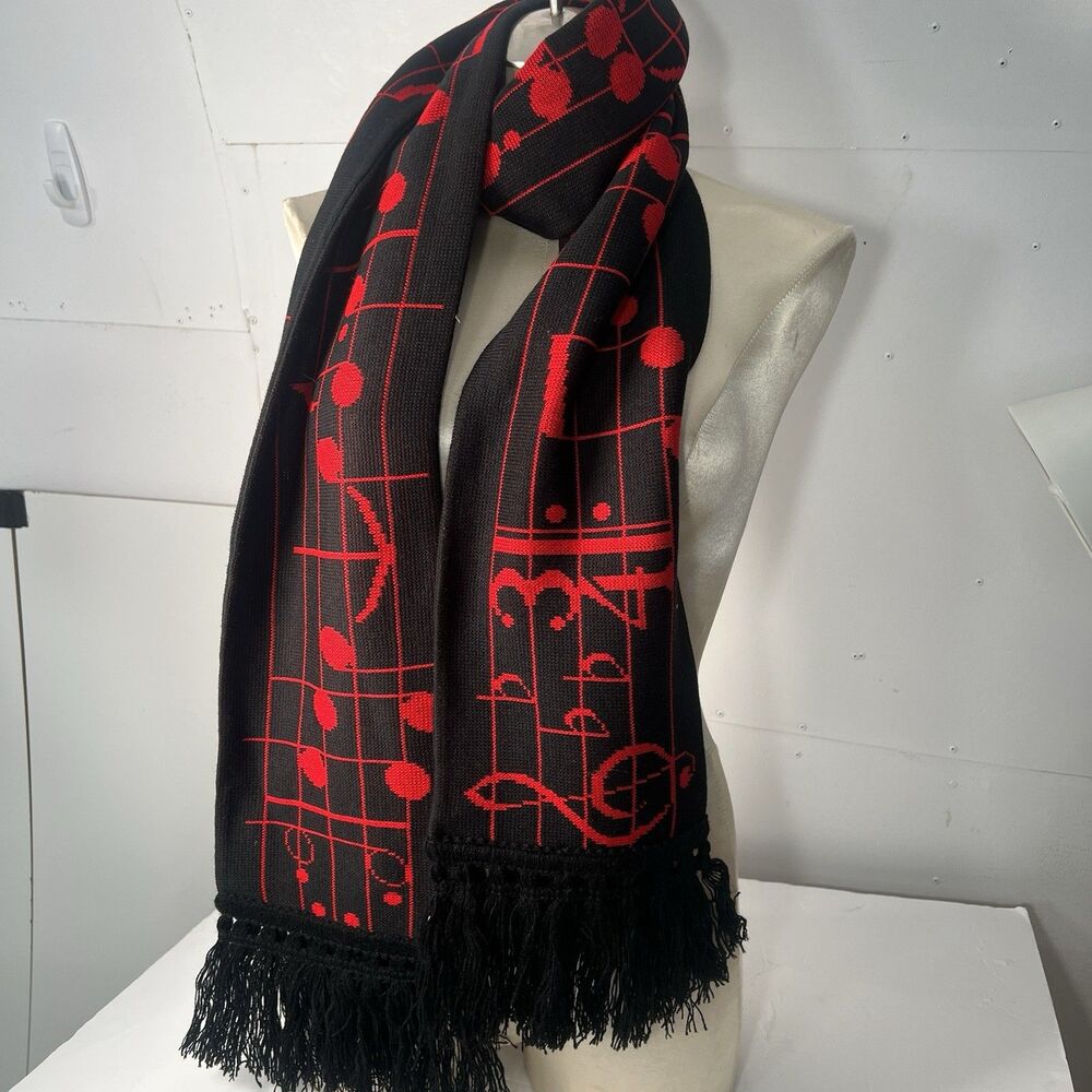Vintage Scarf Music Staff Notes 1982 By Edgerton PA  88” Long red on black